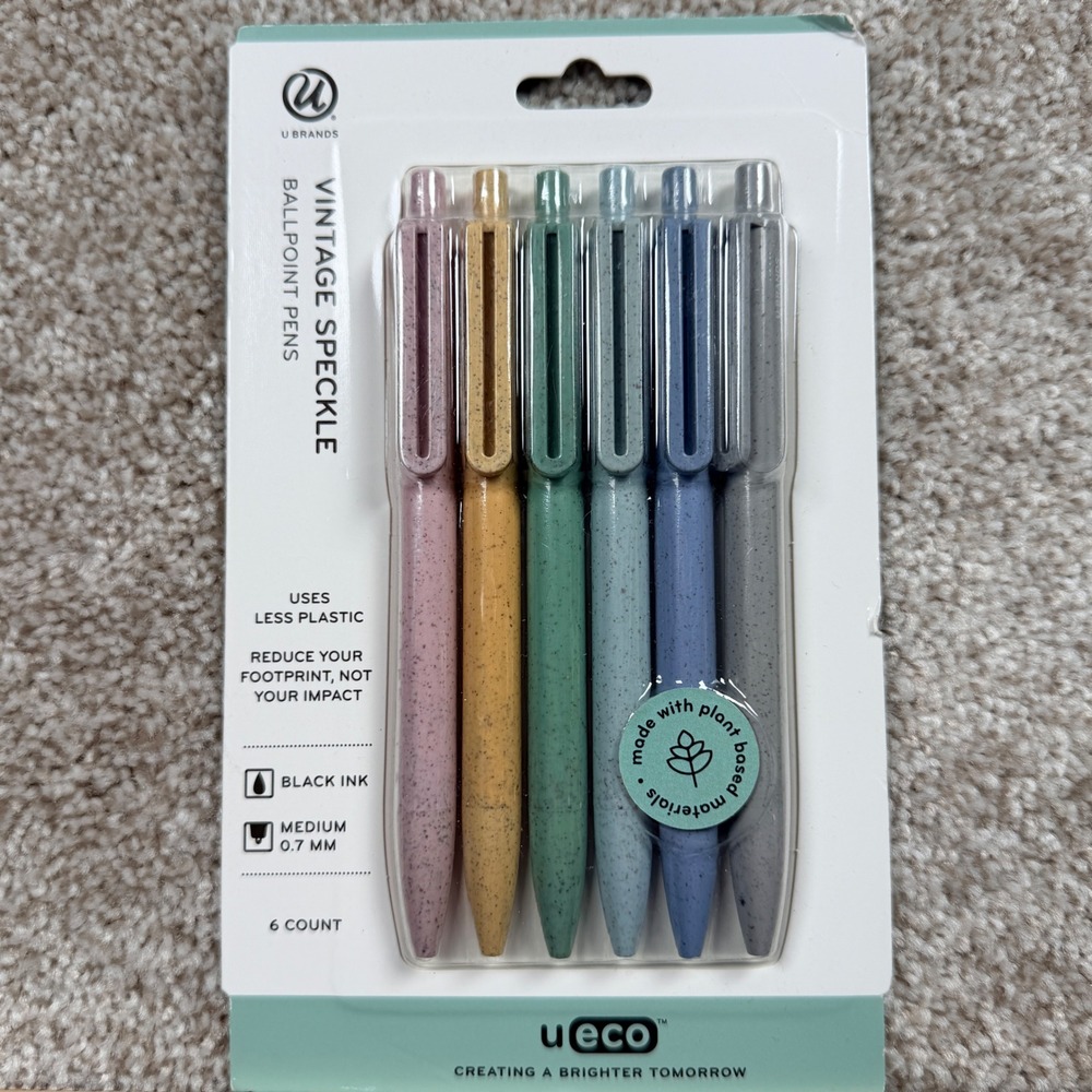 U Brands U-Eco Vintage Speckle Ballpoint Pens 6 Count Black Ink 0.7mm 6167T NEW